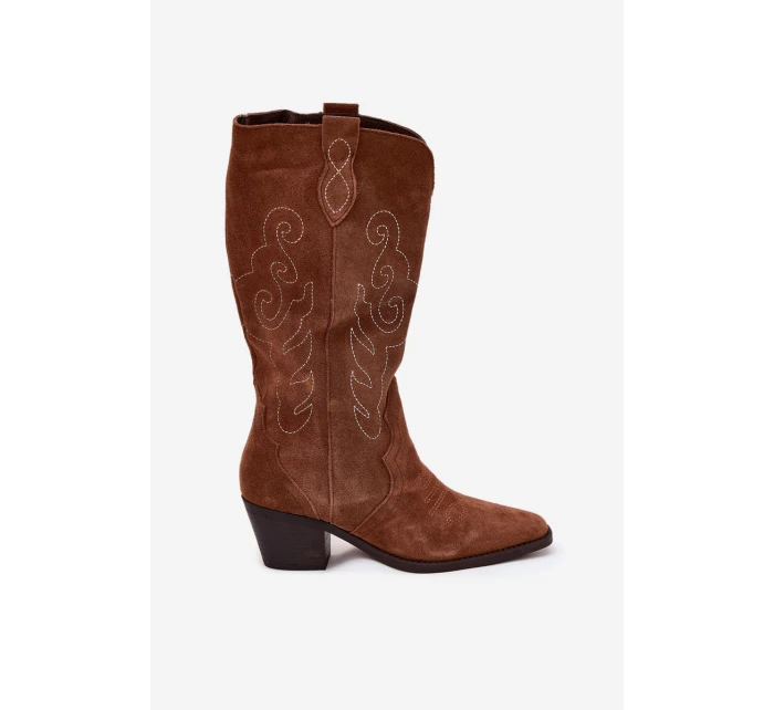 Zamszowe Kozaki Kowbojki Damskie Na Obcasie Camel Karira