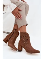 Zamszowe Ażurowe Botki Damskie Na Słupku Zazoo 3647 Brązowe