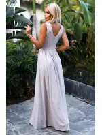 467-2 LOUISE dlhé šaty s výstrihom a rozparkom na nohách - béžové s trblietkami 467-2 LOUISE dlhé šaty s výstrihom a rozparkom na nohách - béžové s trblietkami