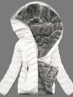 Krémovo-sivá krátka obojstranná dámska zimná bunda (2M-21507)