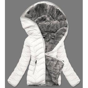 Krátka smotanovo-šedá obojstranná dámska zimná bunda (2M-21507)