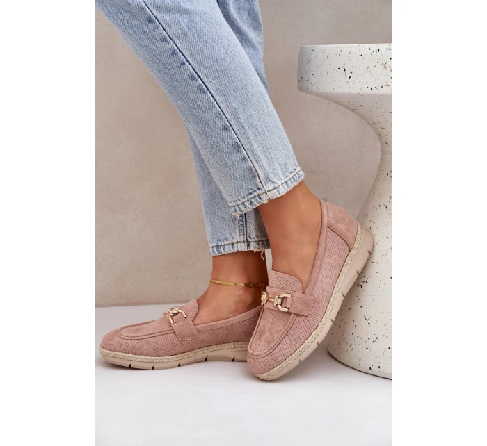 Ażurowe Mokasyny Ze Złotym Detalem I Jutową Plecionką Różowe Lainer