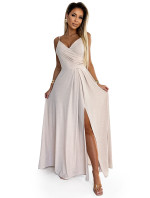 CHIARA Elegantní béžové dlouhé dámské maxi šaty na ramínkách s model 20085426 - numoco