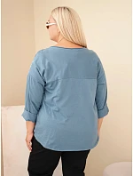 Dámská bavlněná halenka Plus Size s potiskem a výstřihem U džíny modrá