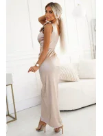 AURORA Béžové dlouhé dámské saténové šaty přes jedno s růžemi model 20762392 - numoco basic