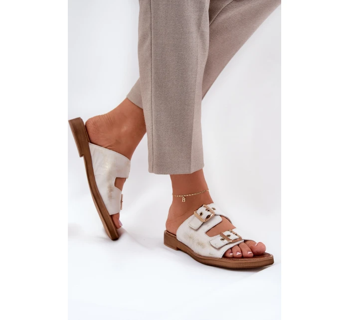 Kožené Ploché Pantofle S Přezkami Zlaté model 21686316 - Zazoo Kožené Ploché Pantofle S Přezkami Zlaté model 21686316 - Zazoo