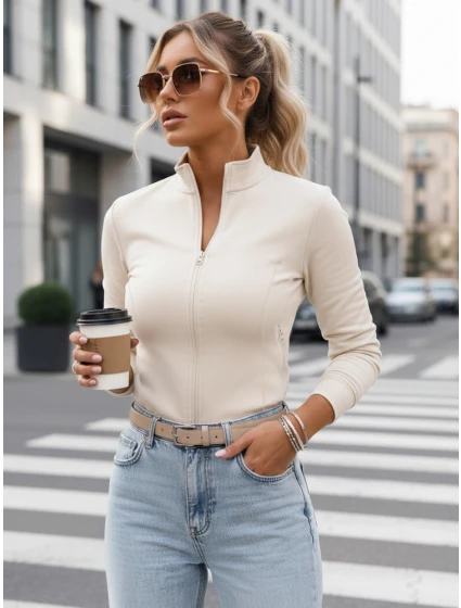 FashionStreet BY1561 dámska mikina na zips so stojačikom béžová FashionStreet BY1561 dámska mikina na zips so stojačikom béžová