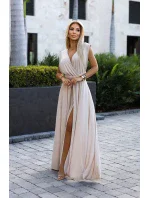 Elegantní béžové dlouhé dámské šaty s brokátem a s  vázání model 20110813 - numoco