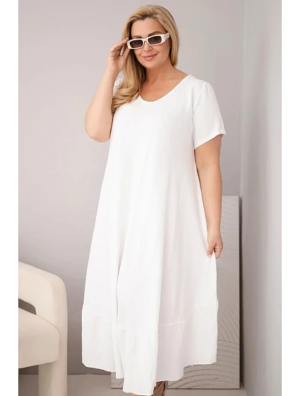 Dámske plus size šaty s krátkymi rukávmi a volánom z ľahkej viskózy bielej farby