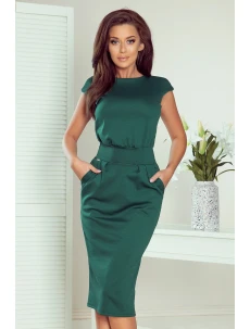 SARA - Dámske midi šaty v fľaškovo zelenej farbe so zvýšeným pásom 144-8