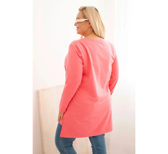 Dámske Plus veľkosť bavlnená blúzka s V-výstrihom ružová