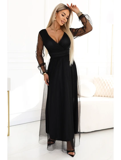 Dlouhé maxi šaty s rukávy a obálkovým výstřihem černé model 22045481 - numoco basic Dlouhé maxi šaty s rukávy a obálkovým výstřihem černé model 22045481 - numoco basic
