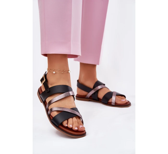 Dámské Sandály Na Plochém Podpatku S Pásky Černé model 21697516 - SERGIO LEONE