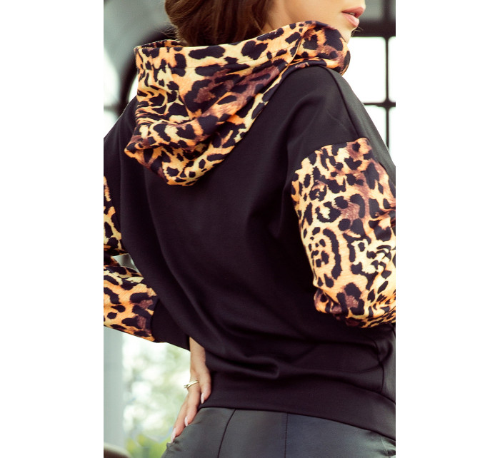 Numoco Mikina s leopardím rukávom - čierna