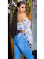 Dámsky sexy volánový top Carmen T80149 Ružová s kvetinovým vzorom - Style fashion