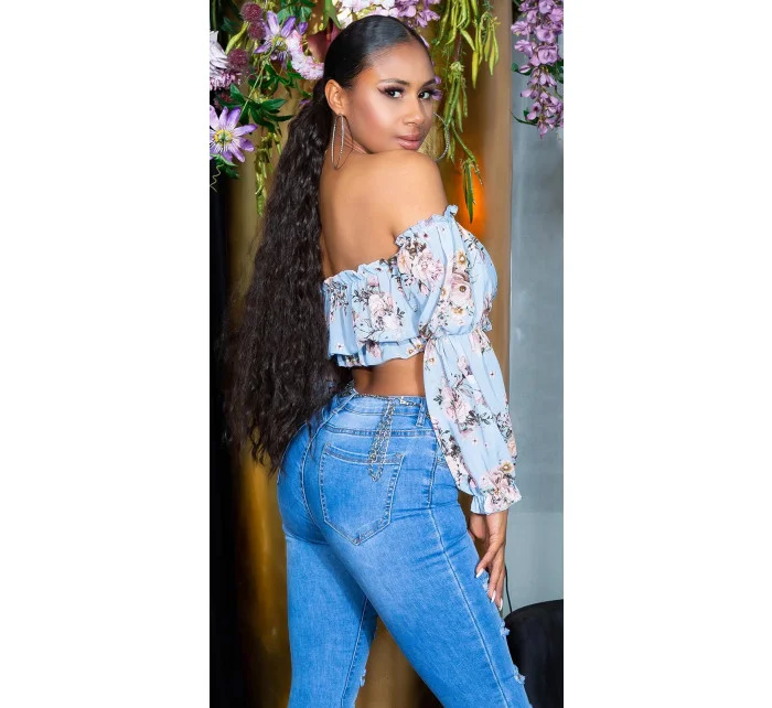 Dámsky sexy volánový top Carmen T80149 Ružová s kvetinovým vzorom - Style fashion