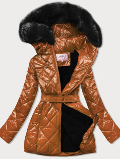 Lesklá zimná bunda v karamelovej farbe s machovitým kožúškom (W756)