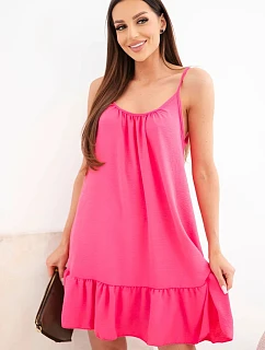 Dámske viskózové šaty bez ramienok s volánom a viazaním ružovej farby