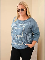 Dámská bavlněná halenka Plus Size s potiskem a výstřihem U džíny modrá