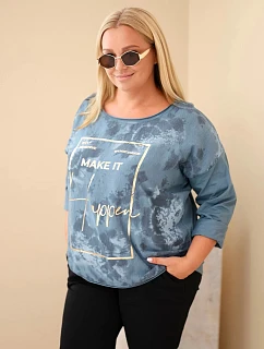 Dámska bavlnená blúzka Plus Size s potlačou a výstrihom do U, džínsovo modrá