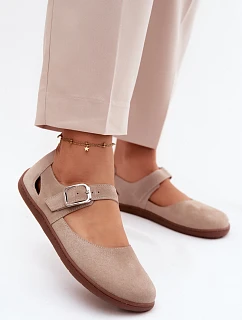 Kožené semišové baleríny Barefoot s páskem Zazoo N1319 béžové