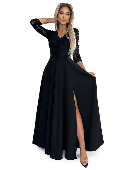 AMBER Černé elegantní krajkové dámské dlouhé šaty s výstřihem a rozparkem na noze model 19656016 - numoco