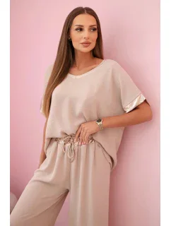 Viskózová súprava so zlatým lemovaním tmavo béžová