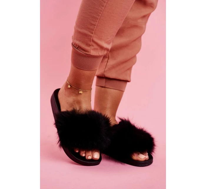 Damskie Klapki z Futerkiem Czarne Belmondo