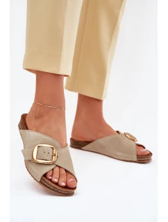 Skórzane Klapki Ze Złotą Klamrą Maciejka 07000-22 Pistacjowe