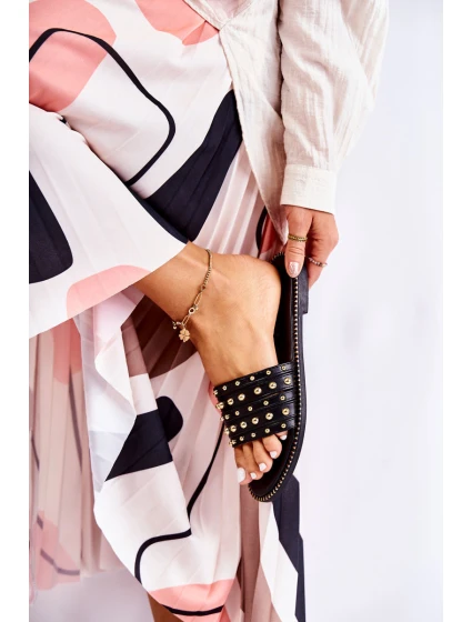 Damskie Skórzane Klapki Z Ozdobą Czarne Brien