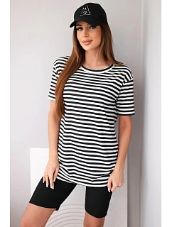 Dámsky viskózový pruhovaný komplet s krátkymi rukávmi a šortkami čierny