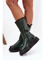 model 21772344 Kožené dámské kozačky s vlnou olivové - Zazoo