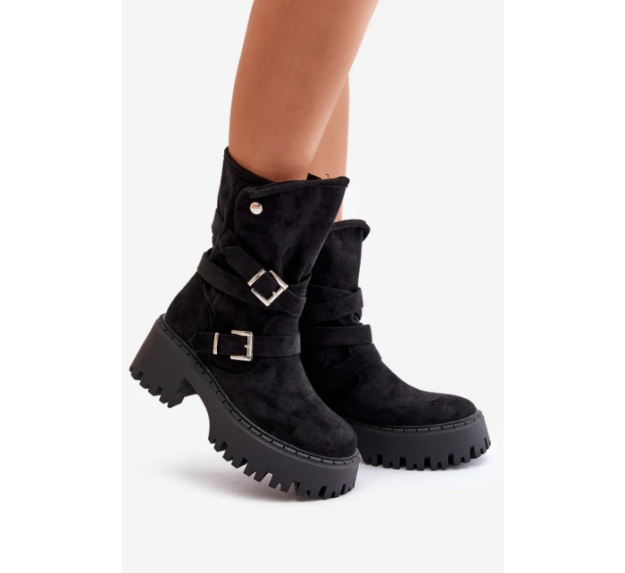 Botki Damskie Na Masywnym Obcasie Z Klamrami I Paskiem Czarne Nerelisa Botki Damskie Na Masywnym Obcasie Z Klamrami I Paskiem Czarne Nerelisa
