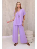 Komplet s náhrdelníkem halenka + kalhoty světle fialová