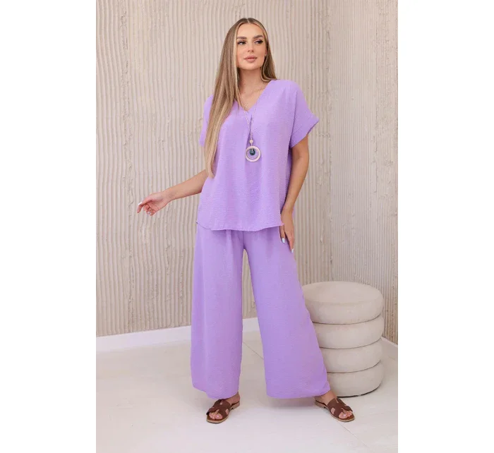 Komplet s náhrdelníkem halenka + kalhoty světle fialová