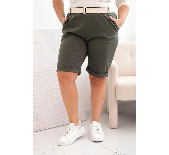Dámské bavlněné šortky Plus Size s páskem khaki