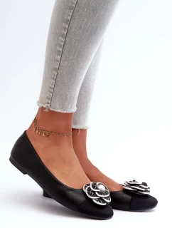 Baleriny Damskie Eko Skórzane Z Ozdobnym Detalem Czarne Divinella