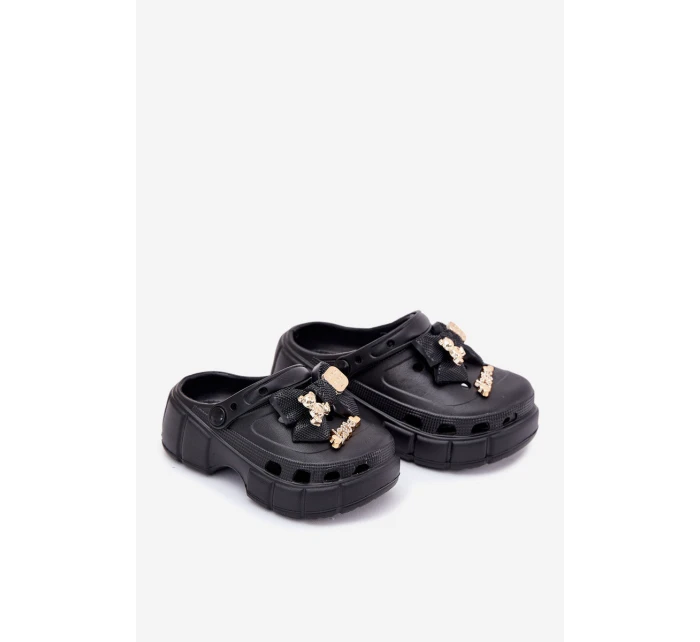 Klapki Dziecięce Dziewczęce Piankowe Z Kokardką I Ozdobami Czarne Selvana Klapki Dziecięce Dziewczęce Piankowe Z Kokardką I Ozdobami Czarne Selvana