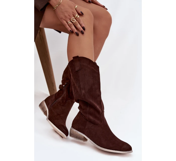 Kozaki Kovbojky Na Nízkém Podpatku Z Eko Semiše Čokoládové Cherrie Kozaki Kovbojky Na Nízkém Podpatku Z Eko Semiše Čokoládové Cherrie