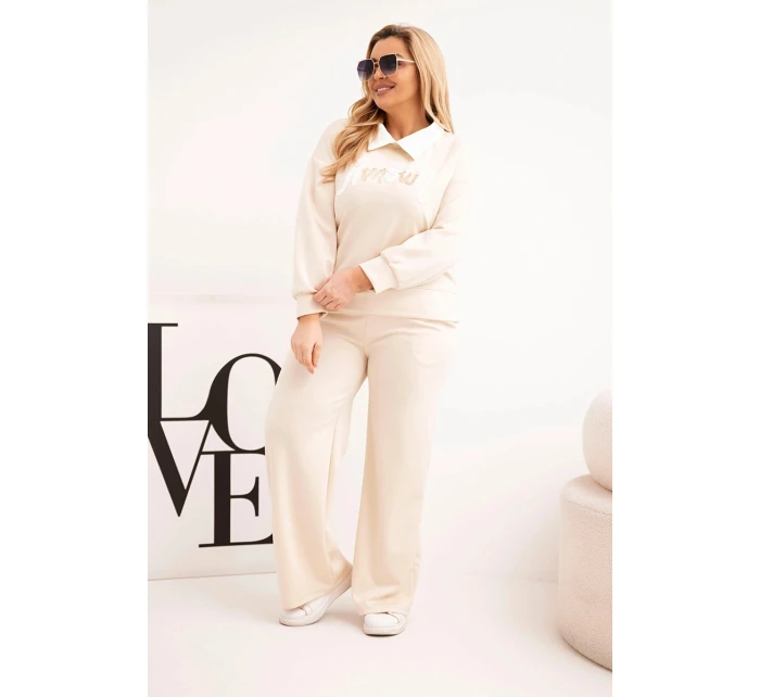 Dámske Plus veľkosť Butterfly Set so širokými nohami a golierom béžová