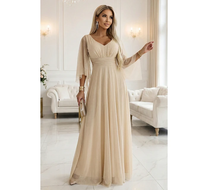 Dlhé ľahké trblietavé šaty 655-4 béžová - Numoco