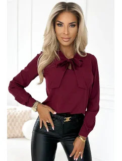 Dámská halenka ve vínové bordó barvě v stylu s dlouhými rukávy a s vázáním ve přední části model 20536790 - numoco