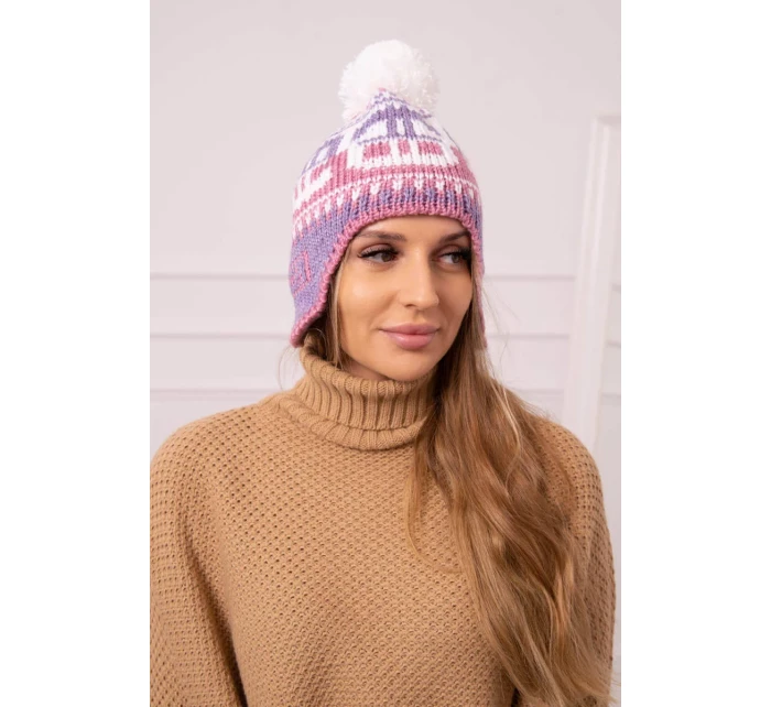 Rosa dámska čiapka s bambulou K368 fialová+biela+tmavoružová