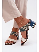 Kožené vzorované dámské sandály na podpatku Maciejka K7522-04 Béžovo-modré