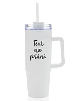 TEXT NA ŽIADOSŤ - biely cestovný termohrnček s priehľadným viečkom 900 ml