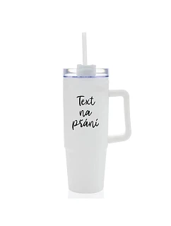 TEXT NA ŽIADOSŤ - biely cestovný termohrnček s priehľadným viečkom 900 ml