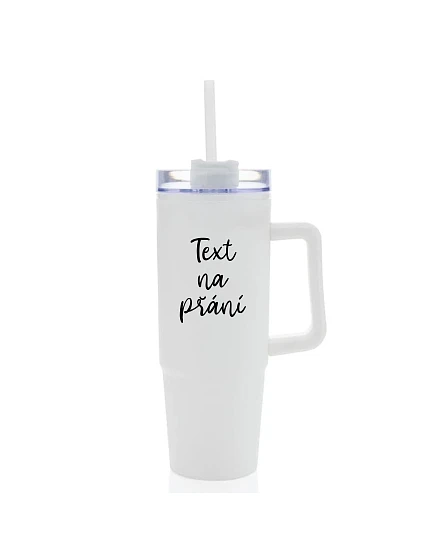 TEXT NA ŽIADOSŤ - biely cestovný termohrnček s priehľadným viečkom 900 ml