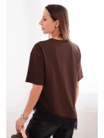Dámska asymetrická bavlnená blúzka s čipkovanou spodnou časťou hnedá