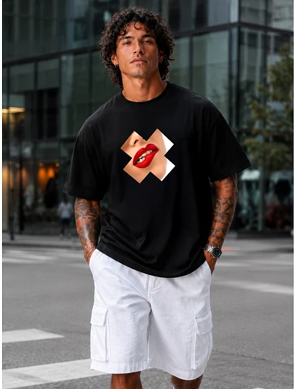 Pánske bavlnené tričko nadrozmernej veľkosti s čiernou potlačou FashionStreet NX1009R