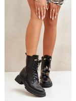 Eko Skórzane Botki Workery Damskie Z Przypinkami Czarne Rianael Eko Skórzane Botki Workery Damskie Z Przypinkami Czarne Rianael